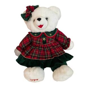 Vintage Dan Dee Christmas Snowflake Teddy Bear Plaid Dress‎ Stuffed Animal 21"